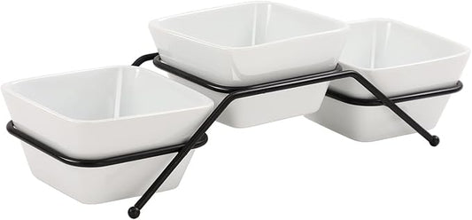 Buyajuju 3 pcs square bowl Porcelain Chip & Dip Serving Set with Black Metal Stand, 4.5inch White Small Serving Bowls for Side Dishes, Salsa, Appetizer, Serving Dishes for Entertaining 11.5 OZ