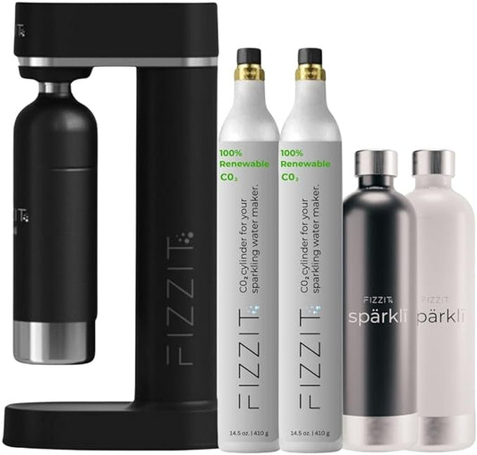 FIZZIT Spärklï Sparkling Water Maker Bundle – Soda Streaming Machine with 2 CO2 Cylinders & 2 Reusable Stainless Steel Bottles (Black + White) – Carbonated Water Soda Maker, Dishwasher Safe