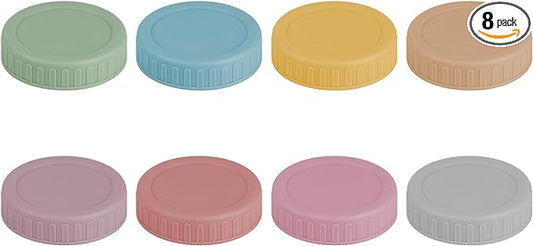 Vaincre 8PCS Mason Jar Lids - Colored Plastic Mason Lids Regular Mouth, Leak Proof Canning Covers with Silicone Rings for Ball, Kerr and More, Reusable Can Tops Caps Covers for Jars