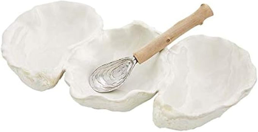 Mud Pie Oyster Shaped Triple Dip and Serving Set, White, 10.25" x 5.5"