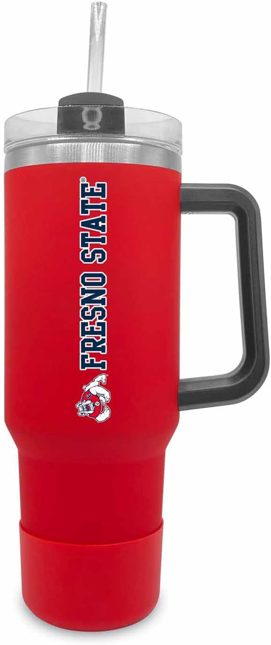 Campus Colors College & University 40 oz Travel Tumbler With Handle - Dual Option Lid With Straw - Vacuum Insulated Stainless Steel (Fresno State Bulldogs - Red)