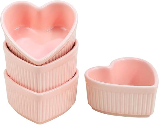 Sizikato Heart-Shaped Porcelain Souffle Dishes, Ramekins - 3.5 Inches for Souffle, Creme Brulee and Dipping Sauces - Set of 4