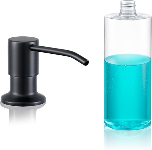 Built in Soap Dispenser for Kitchen Sink Countertop, Matte Black Stainless Steel Soap Dispenser Pump Head Refill from the Top with 11 Ounce Transparent Soap Bottle