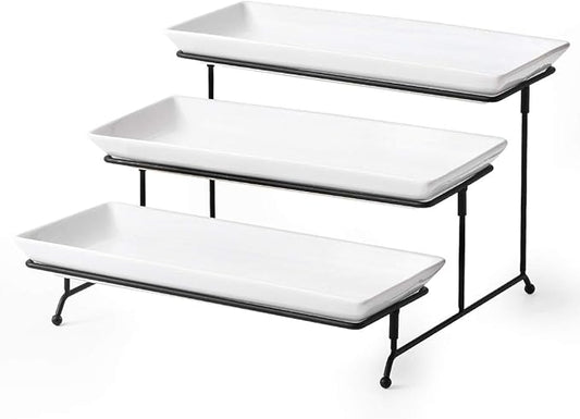 YHOSSEUN 3 Tier Serving Stand Tiered Tray Stand with 3 Porcelain Serving Platters Trays for Dessert Server Display Collapsible Sturdier Metal Rack 14 inch