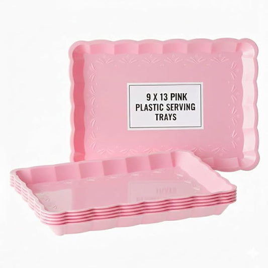 6 Pack Pink Plastic Serving Trays for Party, 9 x 13 Inch - Heavy Duty Plastic Trays for Food - Rectangular Party Serving Trays and Platters - Pink Disposable Trays