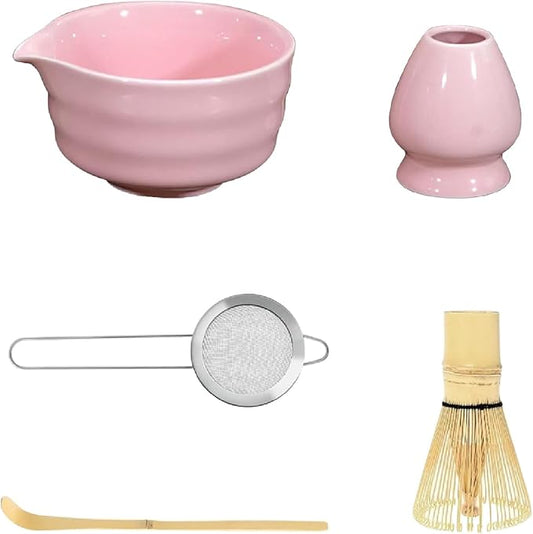 Matcha Tea Set, 5-Piece Ceremonial Kit with Ceramic Matcha Bowl (Chawan), Bamboo Whisk (Chasen) & Holder, Stainless Steel Sifter, Bamboo Scoop (Chashaku) — Japanese Tea Ceremony Gift (Pink)