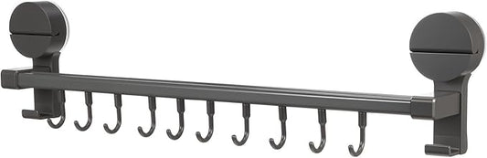 BESTOYARD Punchless Kitchen Utensil Hooks Wall Mount Rack with 10 Hooks, Adjustable Double Rod Organizer, Gray Suction Cup Holder for Cooking Tools and Measuring Cups