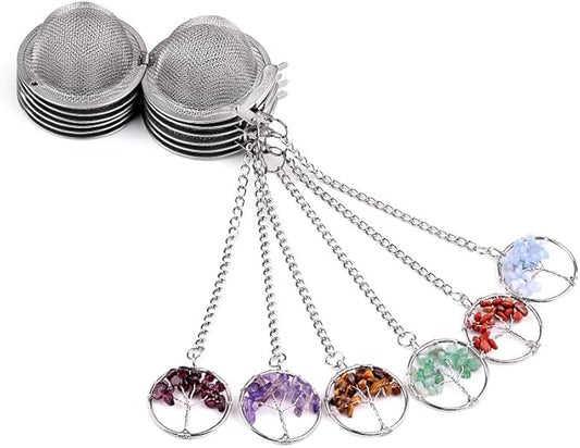5 Pcs Tea Filter Stainless Steel with Life Tree Crystal Energy Stone Tea Strainers with Fine Mesh Extend Chain Hook Tea Ball Infuser for Loose Tea Leaves Spices Seasonings