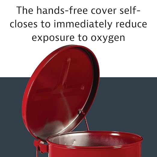 Justrite 21 Gallon Galvanized Steel Oily Waste Can, 23.5" x 18" Metal Oil Rag Safety Can with Foot Operated Self-Closing Lid for Oil Rag Disposal, Made in The USA, Red, 09700