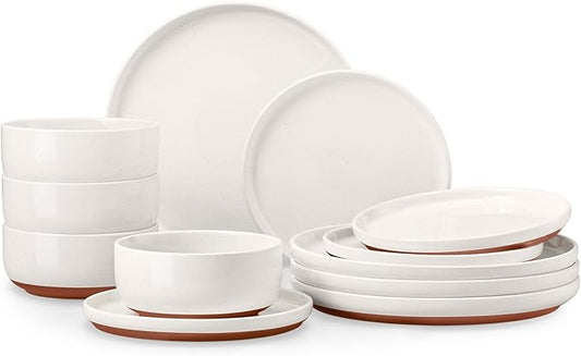 E-far 12-Piece Stoneware Dinnerware Sets, Plates and Bowls Sets for 4, Ceramic Dishware Dishes Set with Terracotta Base, Chip & Scratch Resistant, Microwave & Dishwasher Safe, Speckled White