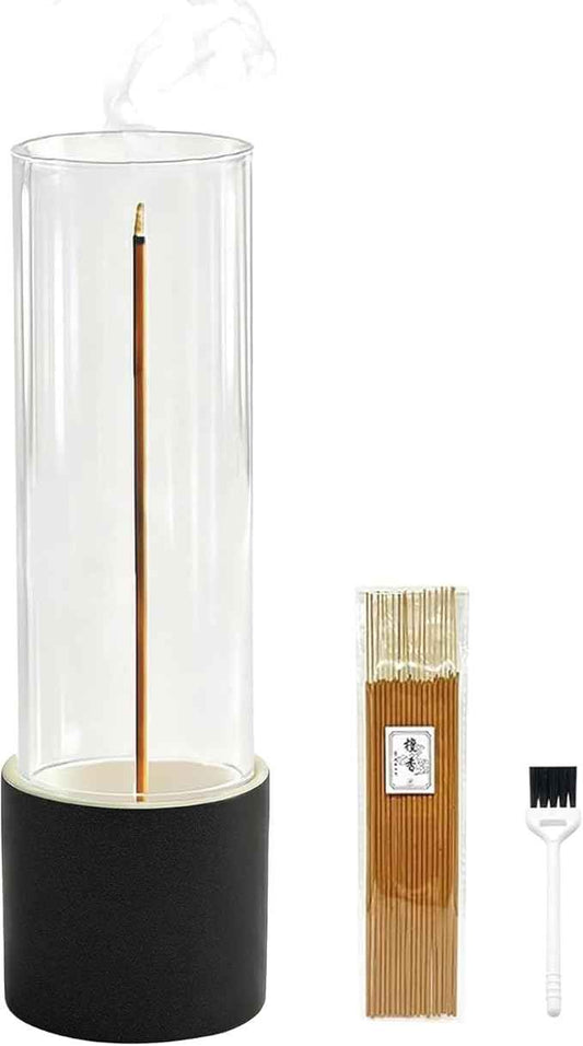 CEREMONY Incense Holder, Ceramic Incense Holder for Sticks with Glass Ash Catcher, Anti-ash Incense Burner with 20 Incense Sticks and a Ash Brush for Meditation Yoga Spa Room Decor (Black)