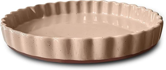 MORA Ceramic Tart Pan, 9.5 Inch Large Porcelain Baking Dish for Tarts, Quiche, Pie, Flan etc. Fluted Ruffled Edge, Oven, Microwave, Freezer, and Dishwasher safe - Great Gift For Bakers - Chai