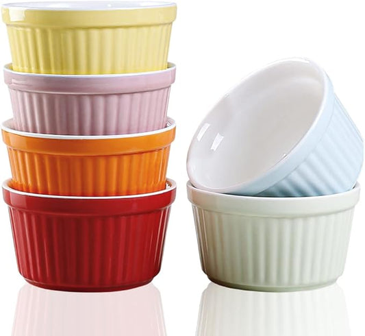 Ramekins 6oz Oven Safe,Creme Brulee Ramekin and Souffle Dishes,Porcelain Baking Bowls,Dipping Sauce Dish.Pudding Cups,Set of 6,Colorful.
