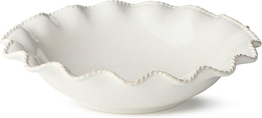 Heritage Scroll 13" Stoneware Serving Bowl – Elegant 80 oz Ivory Bowl with Embossed Scalloped Rim – Classic Ceramic Serveware for Salads, Pasta, or Holiday Sides