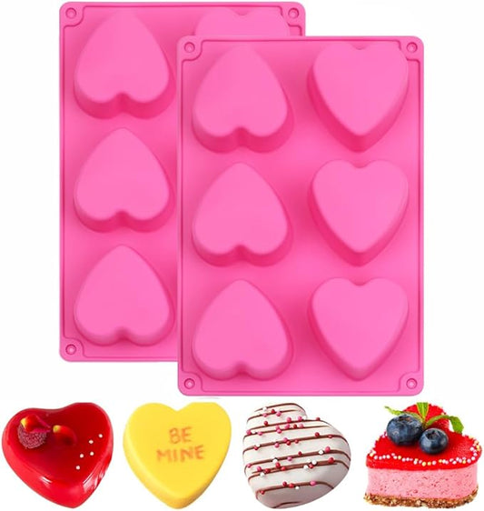 BAKER DEPOT 6 Holes Heart Shaped Silicone Mold For Chocolate Cake Jelly Pudding Handmade Soap Mould Candy Making Set of 2