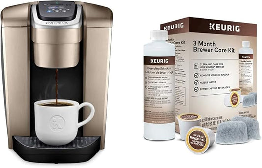 Keurig K-Elite Coffee Maker, Single Serve K-Cup Pod Coffee Brewer, Brushed Gold & 3-Month Brewer Maintenance Kit Includes Descaling Solution, Water Filter Cartridges & Rinse Pods, 7 Count