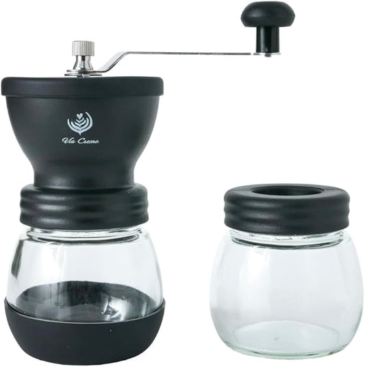 VIA CREMA Manual Coffee Grinder with Ceramic Burr and Glass Container for Espresso Beans