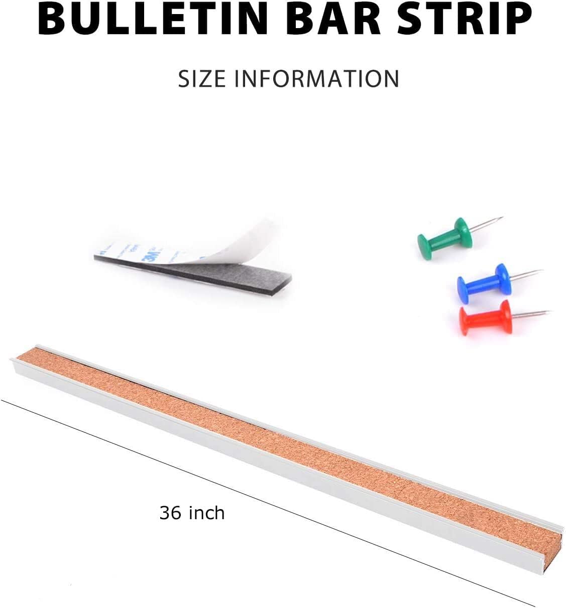 Corksidol Bulletin Bar Strip, Cork Board, Cork Strips, 36" x 1", Classroom, Office, Walls, Cubicle, Aluminum Frame,1 Pack, Silver