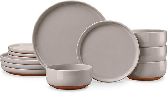 E-far 12-Piece Ceramic Dinnerware Sets, Plates and Bowls Sets for 4, Stoneware Dishware Dishes Set with Terracotta Base, Chip & Scratch Resistant, Microwave & Dishwasher Safe, Speckled Khaki