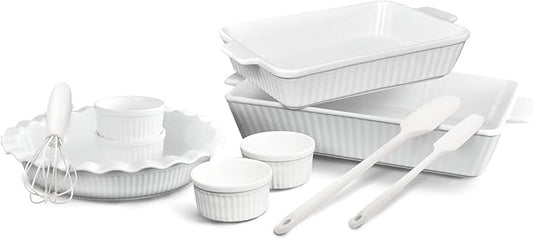 GOURMETEDGE 10-Piece Stackable Ceramic Bakeware Set - Ideal Mother's Day Gift, Non-Toxic Non-Stick Oven Safe, PFOA & PFOS Free, Includes Baking Dishes, Pie Plate, Ramekins & Silicone Tools (White)