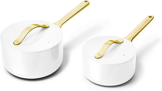 Caraway Nonstick Ceramic Sauce Pans with Lids (3 qt & 1.75 qt) - Non Toxic, PTFE & PFOA Free - Oven Safe & Compatible with All Stovetops (Gas, Electric & Induction) - White