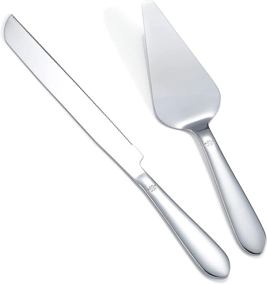 Eisinly Cake Cutting Set for Wedding, Elegant Cake Knife and Server Set with Thickened Stainless Steel Rounded Edges, Cake Cutter and Pie Spatula for Birthday Anniversary, 2 Pcs, Silver