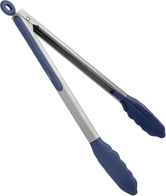 Heat Resistant Silicone Kitchen Tong: U-Taste 12 inch Large 480ºF Hot Proof Cooking Tong with Sturdy Non Stick Rubber Tips & Silicon Coated Steel Handle & Smooth Locking for Serving (Midnight Blue)