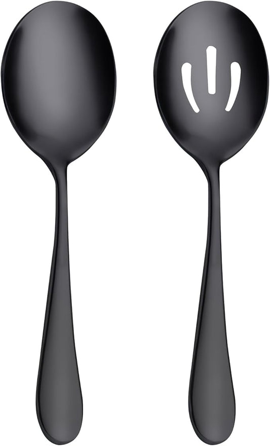 AOOSY Matte Black Serving Spoons Set,8.7-Inch Long Handle Slotted Spoons and Serving Spoons for Buffet, Banquet, Cooking, and Kitchen,2 Pieces
