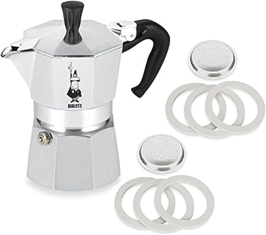 Bialetti Moka Express #06799 3-Cup Espresso Maker Machine and #06960 Bialetti, Six Replacement Gaskets and Two Bialetti Replacement Filter Plates Bundle