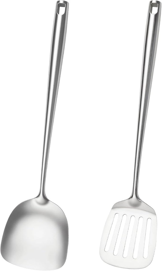 18/10 Stainless Steel Cooking Utensils,2 Pcs All Metal Stainless Steel Kitchen Utensils Set with Wok Spatula,Slotted Spatula Turner(Dishwasher Safe)