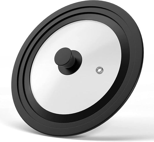 Universal Pot Lid - Pan Lid Fits 7", 8", 9" Cookware, Tempered Glass with Heat-Resistant Silicone Rim and Handle, Black – for Frying Pans & Skillets