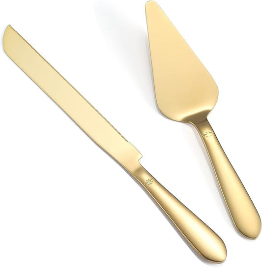 Eisinly Cake Cutting Set for Wedding, Elegant Cake Knife and Server Set with Thickened Stainless Steel Rounded Edges, Cake Cutter Pie Spatula for Birthday Anniversary, 2 Pcs, Gold