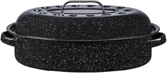 Granite Ware 15-Inch Covered Oval Roaster, 10 Lb Capacity - Enamel Steel Cookware, Dishwasher Safe & PFOA-Free, Even Heat Distribution for Roasting Poultry, Meat, or Vegetables (Speckled Black)
