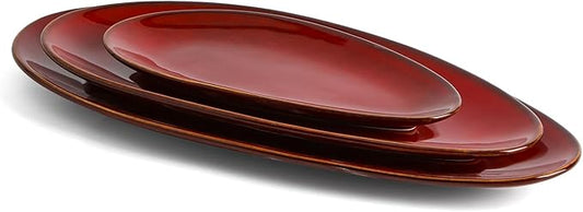 vicrays Large Oval Serving Platters, 16"/14"/10" Porcelain Serving Platters for Party, BBQ,Stackable Serving Trays Serving Plates for Appetizers, Sushi, Restaurant, Set of 3 (Cherry Red)