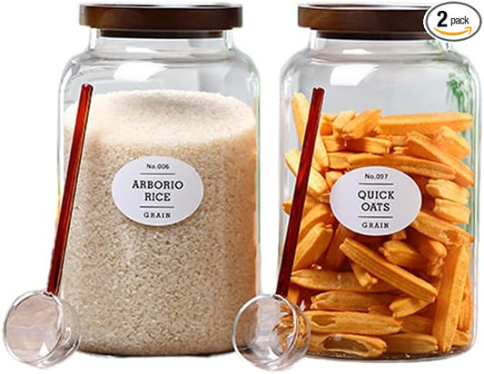 2-pack 3/4 gallon glass storage container with Acacia Wood Lids and glass spoon, Sealable Waterproof, Large Tall Glass Jar,Glass food storage Jars Set for Coffee bean, Nut, Candy, Cereal, Flour，sugar