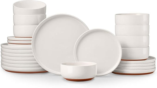 E-far 24-Piece Stoneware Dinnerware Sets, Plates and Bowls Sets for 8, Ceramic Dishware Dishes Set with Terracotta Base, Chip & Scratch Resistant, Microwave & Dishwasher Safe, Speckled White