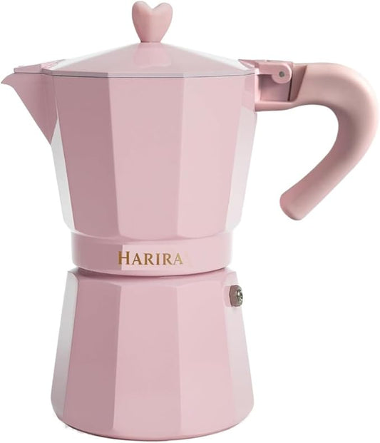 HARIRA 9 Cup Stovetop Espresso Maker Italian & Cuban Style Coffee Pot, Durable Aluminum Moka Pot with Ergonomic Handle, Rich Aromatic Brew, Pink Coffee Maker for Home or Travel