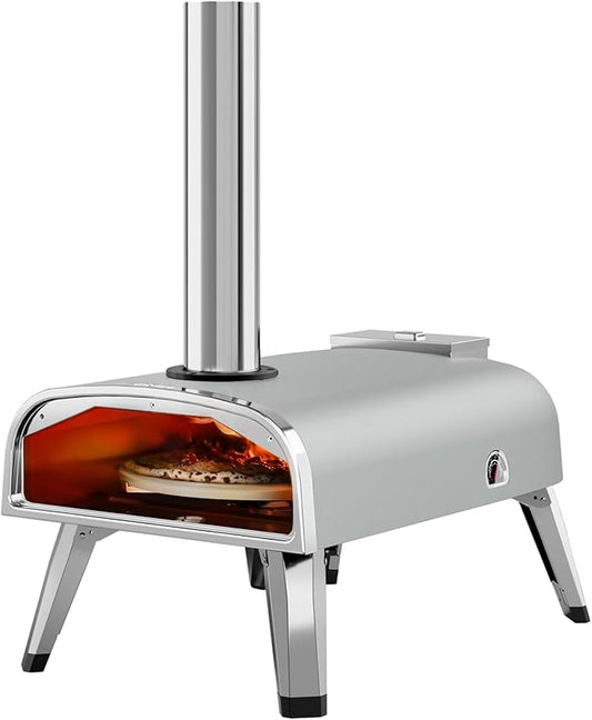 aidpiza Outdoor Pizza Oven 12" Wood Pellet Pizza ovens With Rotatable Round Pizza Stone Portable Wood Fired with Built-in Thermometer Pizza Stove for Outside Backyard Camping Picnics (Grey-revolving)