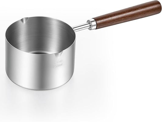 Mini Butter Warmer Stainless Steel Mini Pot 8.5 oz (250 ml) Minis Sauce Pan Cooking Pot Coffee Milk Warmer with Dual Spouts and Wooden Handle for Chocolate Butter Melting
