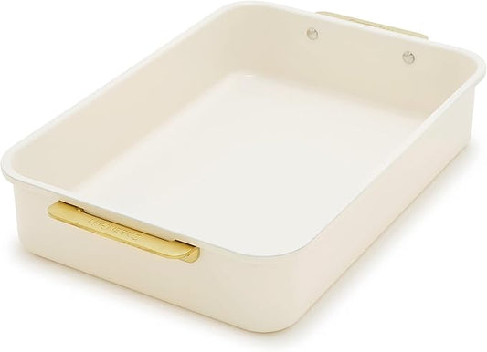 GreenPan Bakeware 13” x 9” Rectangular Cake Pan, Ceramic Nonstick Baking Pan, PFAS & BPA Free, Gold Handles, Durable Steel, Freezer to Oven Dish, Scratch Resistant, Bake & Roast Ovenware, Cream