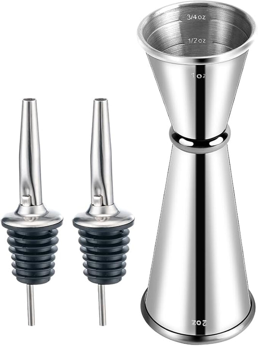 Briout Jigger and 2 Pourers, Double Cocktail Jigger Japanese Premium 304 Stainless Steel Jigger 2 OZ and 1 OZ with Measurements Inside
