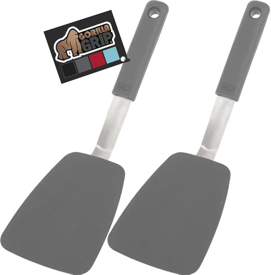 GORILLA GRIP Patented BPA-Free Non-Scratch Spatula, 2 Pack, Heat Resistant Flexible Silicone Head for Nonstick Cooking Pans, Soft Rubber Handle, Kitchen Spatulas for Flipping Eggs, Pancakes, Gray