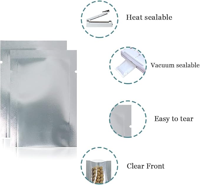 Silver Aluminum Foil Pouch Heat Seal Front Window Plastic Mini Open Top Flat Vacuum Packaging Mylar Bag Food Small Sample Mylar Storage with Tear Notch (200, 6x9cm(2.3x3.5 inch))