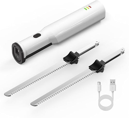Electric Carving Knife Bread Knife, Cordless Rechargeable Meat Cutting Knife with 2 Serrated 8 Inch Stainless Steel Blades and Safety Lock for Bread, Vegetables, Fruits, Delicatessen