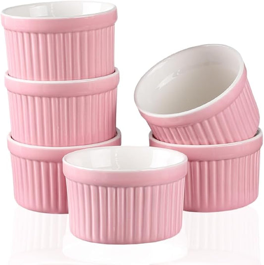 Ramekins 4oz,Creme Brulee Ramekins and Souffle Dishes,Porcelain Oven Safe Baking Bowls,Pudding Cups,Dipping bowl,Set of 6,Pink.
