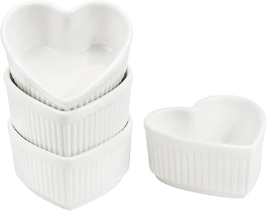 Sizikato Heart-Shaped Porcelain Souffle Dishes, Ramekins - 3.5 Inches for Souffle, Creme Brulee and Dipping Sauces - Set of 4