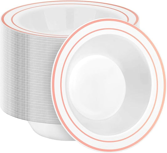 100 Pack Disposable Soup Bowls with Rose Gold Rim, 12oz Premium Heavy Duty Plastic Dinner Bowls for Party, Wedding and Holiday