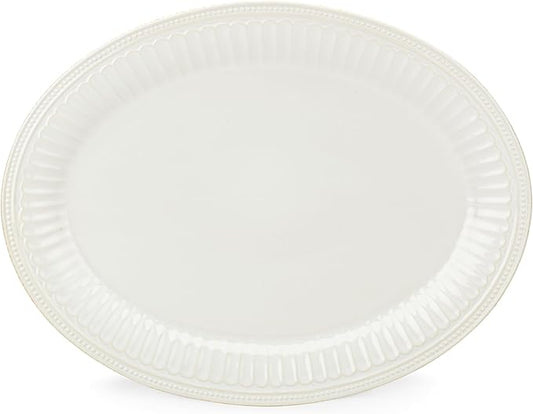 Lenox Serveware, Lenox French Perle Groove White Serving Platter, Oval Shape, 16-Inch, Stoneware, Dishwasher Safe, Turkey Platter for Thanksgiving, Winter Hosting, Christmas Serving (White, 1 Piece)