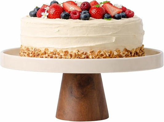 Gibson Elite 10.7-Inch Stoneware Cake Stand with Acacia Wood Base – Taupe Round Dessert Display Stand for Cakes, Cupcakes & Party Entertaining