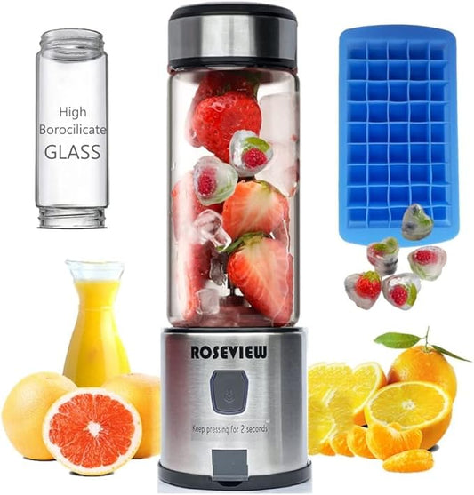 Portable Smoothie blender Glass bottle Mini USB rechargeable 2 battery Handheld Shakes blend Cup USB juicer Cordless Personal smoothies maker mixer (Black Steel)
